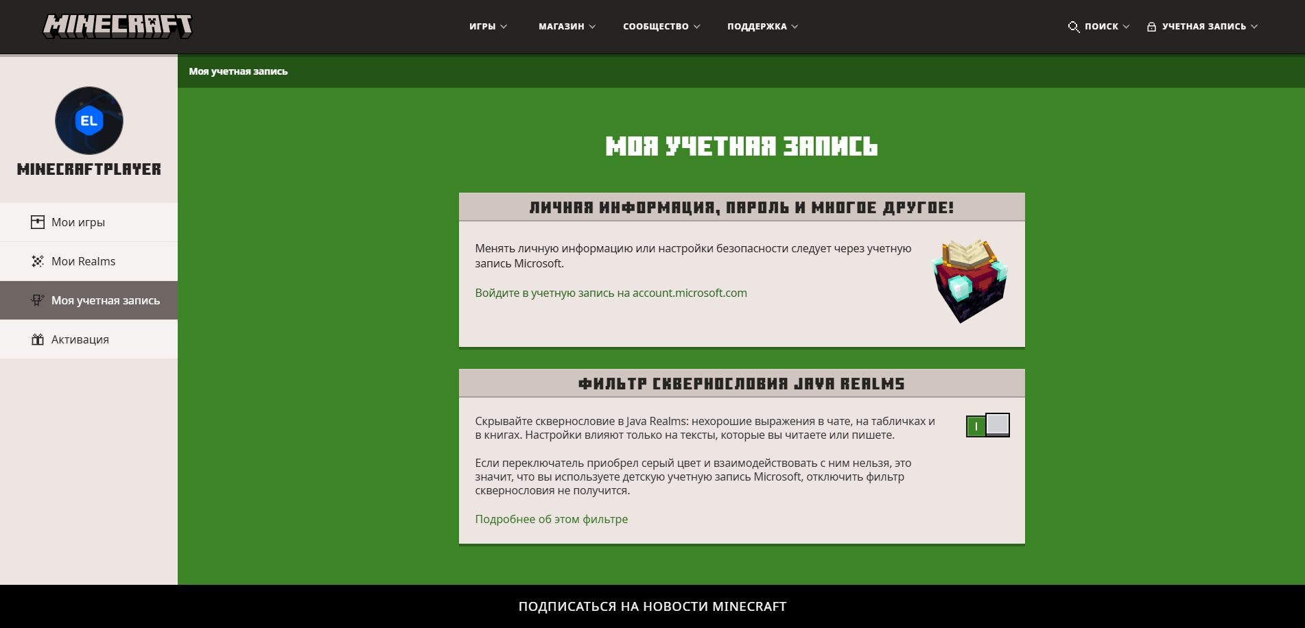 Фильтр сквернословия Minecraft Realms